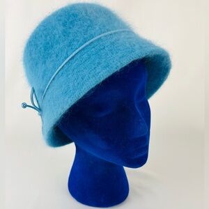 Cheveux CC Teal Blue Angora Blend Bucket Pill Box Hat with leather bow One Size